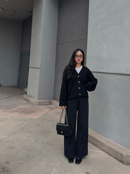 Black knit chunky cardigan trousers simple outfit fashion chanel chic style neutral minimal gentlemonster sunglasses fall 

#LTKAsia #LTKstyletip #LTKworkwear