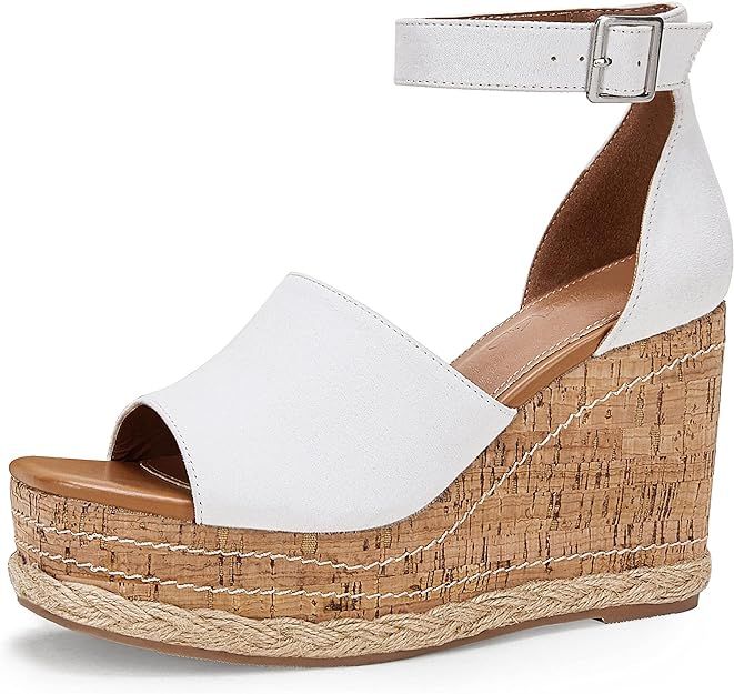 Women’s Open Square Toe Espadrille Platform Wedge Sandal Buckle Ankle Strap Cork Shoes | Amazon (US)