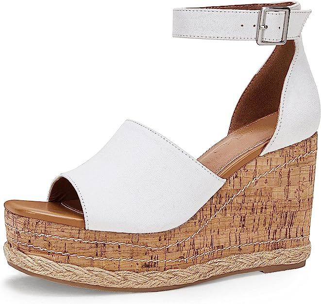 Women’s Open Square Toe Espadrille Platform Wedge Sandal Buckle Ankle Strap Cork Shoes | Amazon (US)