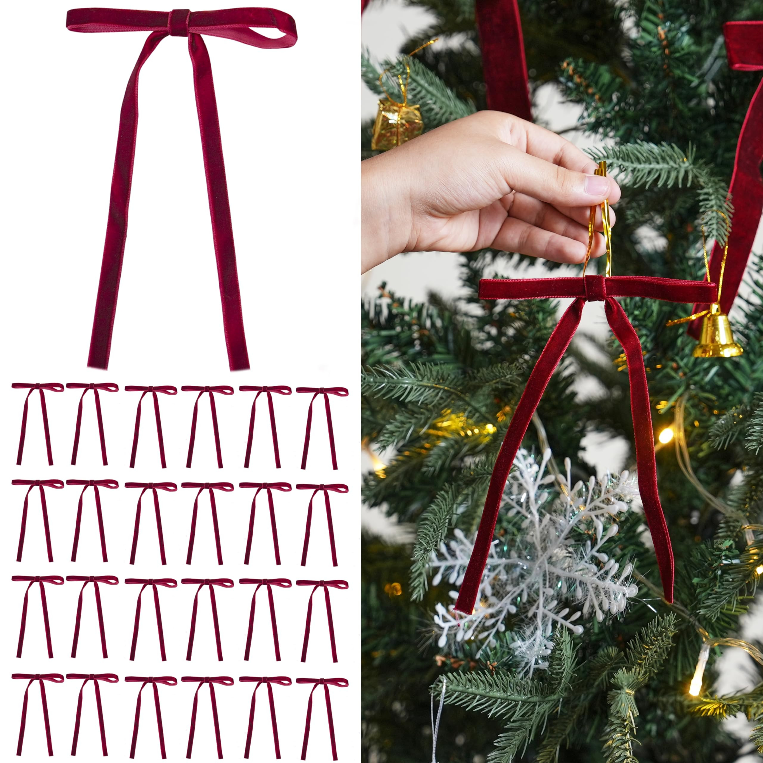 24 Pcs Burgundy Velvet Ribbon Bows Christmas Tree Ornaments Vintage Wine Red Velvet Bows for Tree... | Amazon (US)