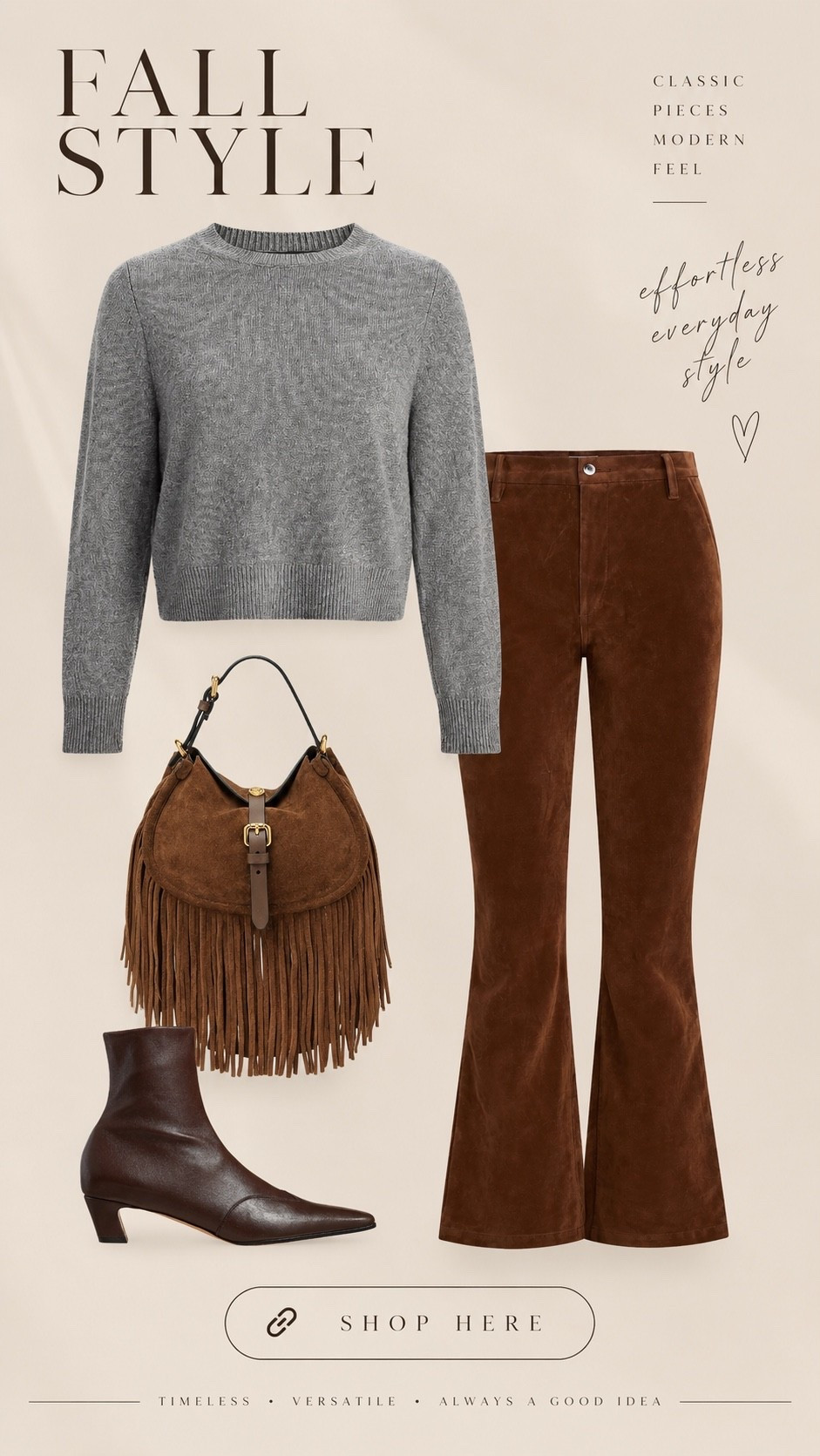 Chocolate brown is having a major moment for fall, and this outfit is exactly why. 🤎

A soft grey sweater paired with chocolate brown suede flare pants feels polished, effortless and perfectly ’70s inspired. I love the tonal brown accessories with the suede fringe bag and pointed ankle boots for an elevated finish that still feels incredibly wearable.

It’s quiet luxury with a little boho influence and such an easy way to wear fall’s biggest color trend. @Saks Fifth Avenue  #Saks #sakspartner
