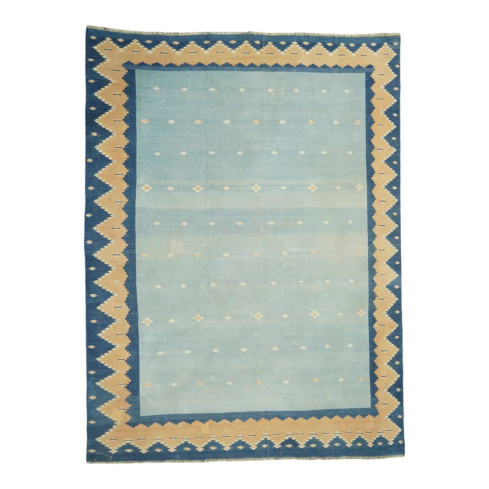 Vintage Dhurrie Rug in Blue With Beige Geometric Patterns | Rug & Kilim | Chairish