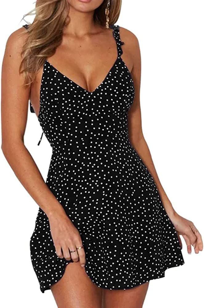 FINEJO Womens V-Neck Ruffle Strap Palka Dot Backless Sleeveless Mini Swing Skater Dress(S-XXL) | Amazon (US)