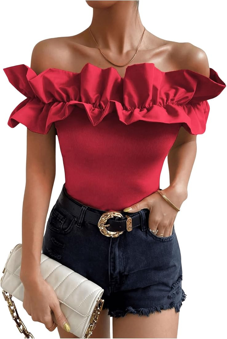 OYOANGLE Women's Ruffle Trim Off Shoulder Short Sleeve Blouse Party Tops Shirt | Amazon (US)
