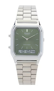 Casio Aq230 Series Watch in Metal Silver & Green from Revolve.com | Revolve Clothing (Global)