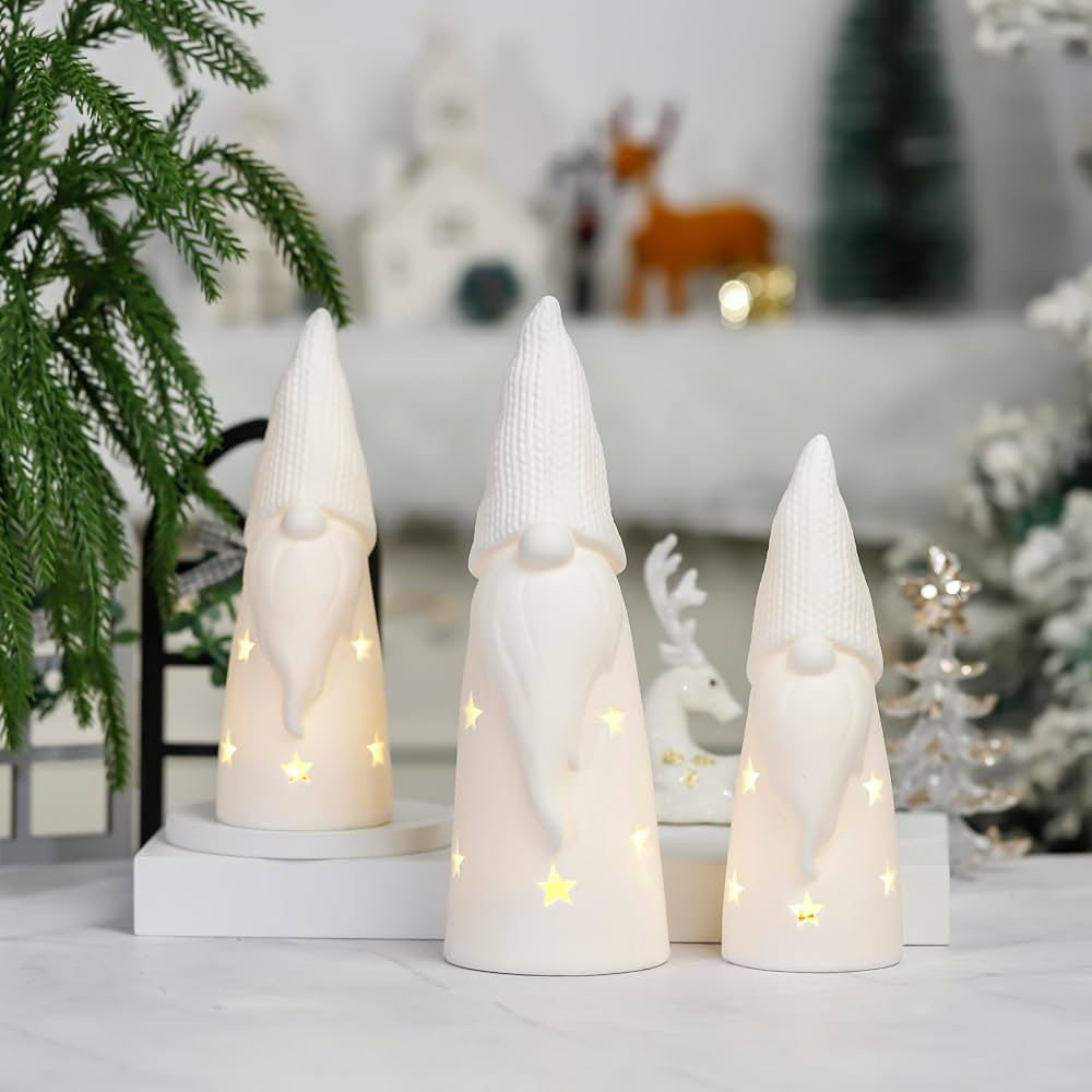 3 Pcs Ceramic Lighted Gnomes, Christmas Gnome Decorations White Tree Figurines Holiday Decor Chri... | Amazon (US)