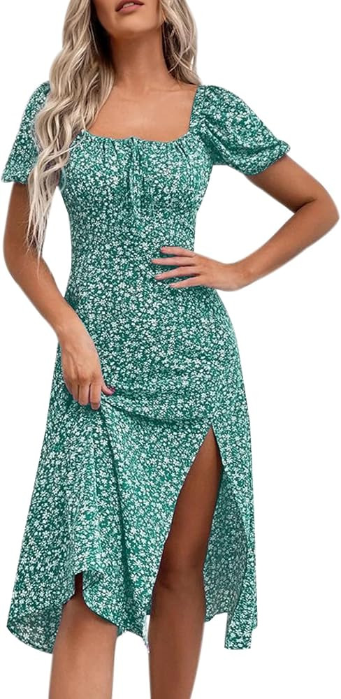 SPRIME Women's Floral Summer Casual Dress Square Neck Puff Sleeve Boho Midi Dresses Ruched Bust H... | Amazon (US)