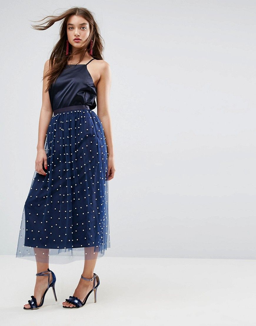 ASOS Faux Pearl Embellished Fully Lined Tulle Midaxi Skirt - Navy | ASOS US