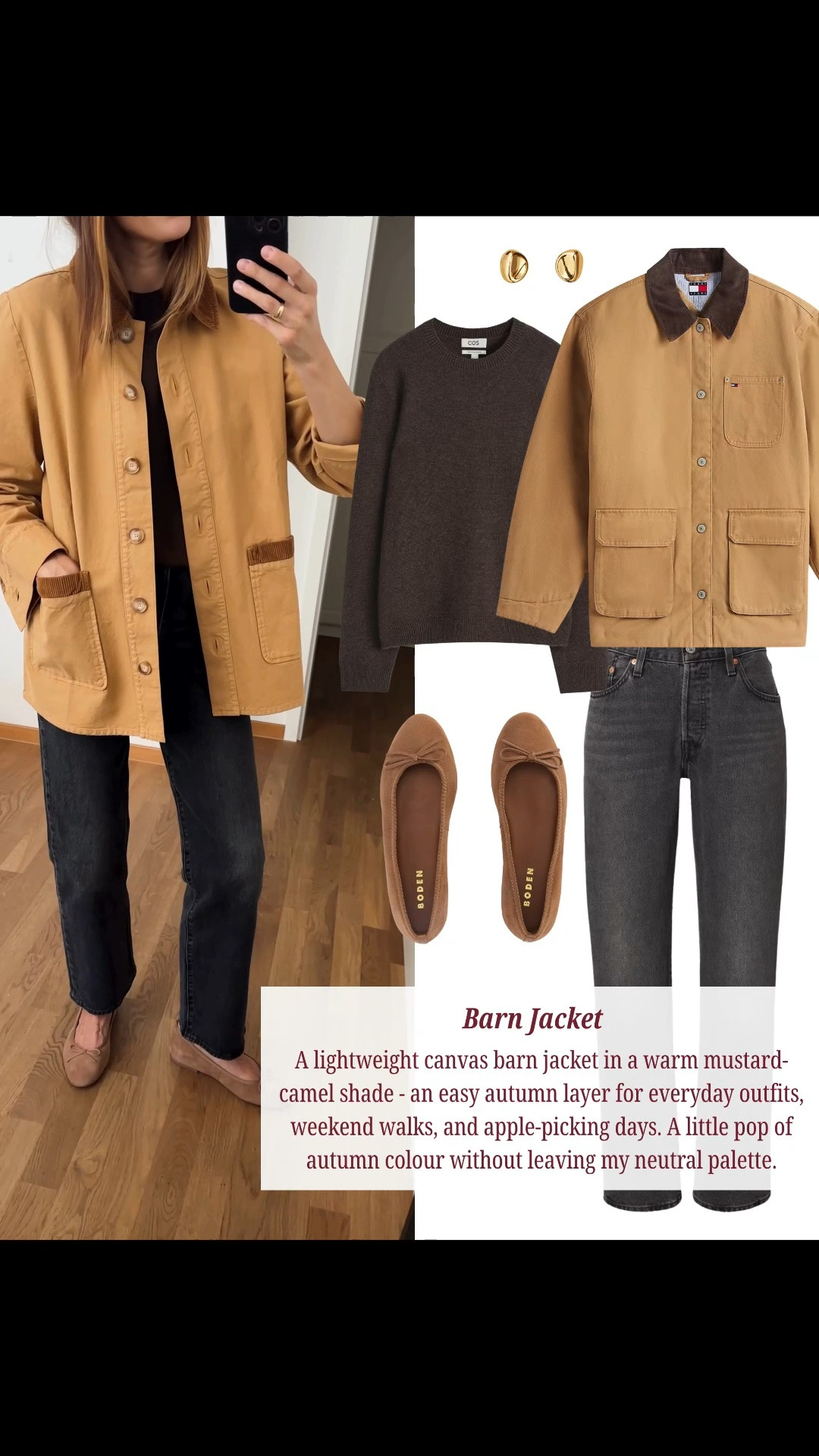 Pre-Fall outfit inspirations 🍂
- The jacket is from @SEZANE (out of stock so I linked the alternative)
- shoes - tts

Neutral colors, Autumn colors, brown cashmere, camel flats, barn jacket #ad #falloutfit #autumnlook 
@Boden (UK) @Boden (US) @levi

#LTKautumn #LTKstyletip