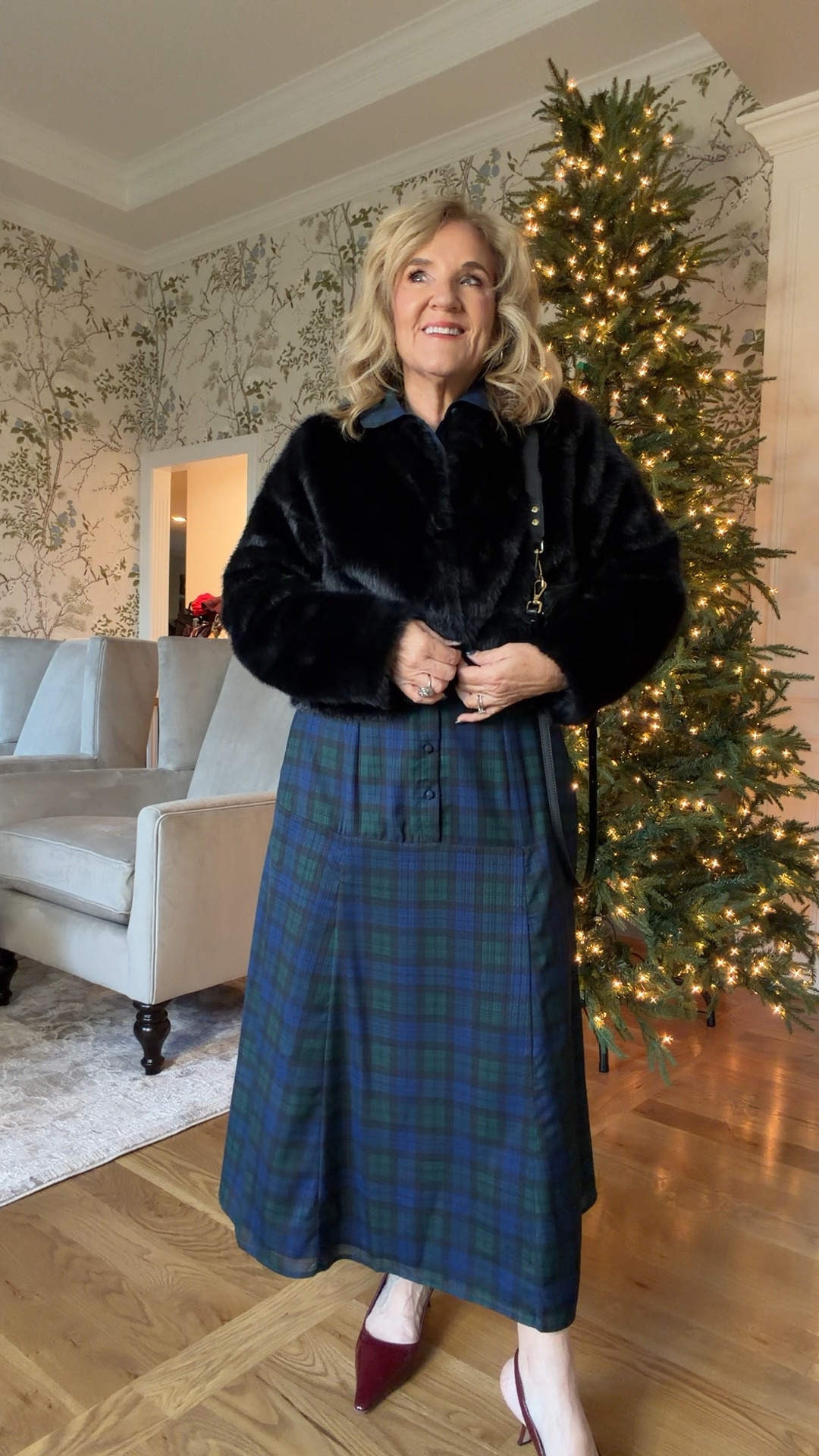 I love this faux fur. It’s something that can be worn as part of your outfit rather than being too bulky for outerwear. Wearing a medium petite. 

Dress size medium love the black watch tartan plaid 

Merlot slingbacks I size up 1/2

#LTKSaleAlert #LTKHoliday #LTKOver40