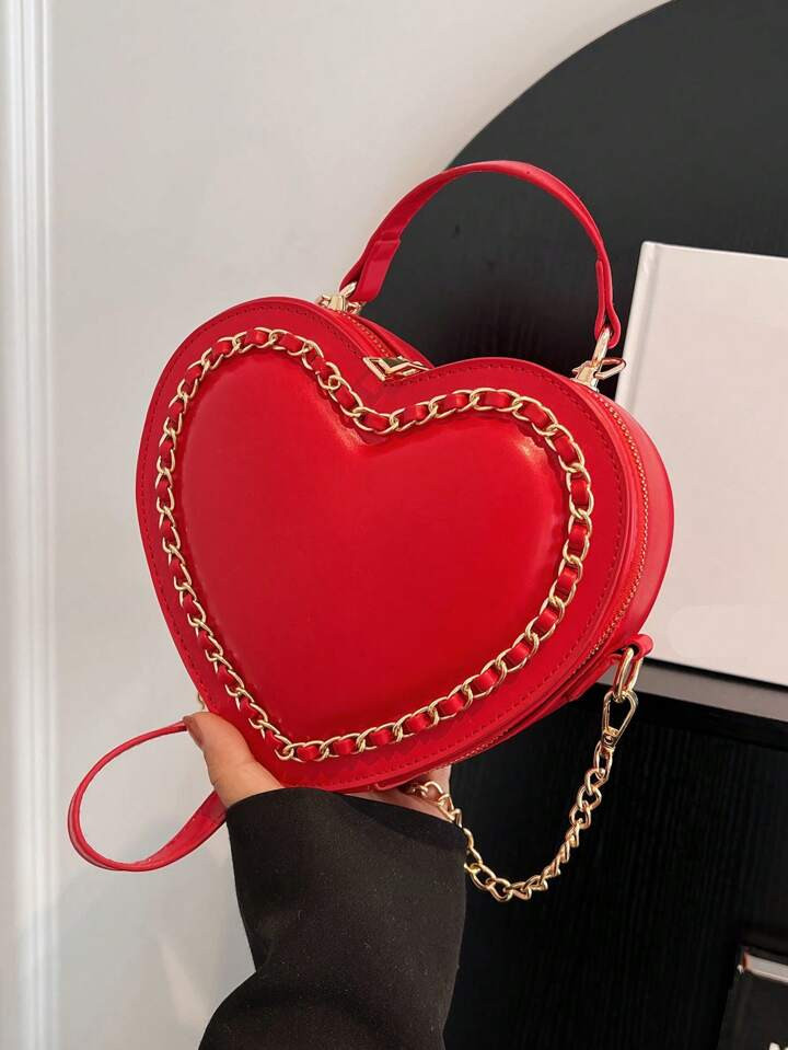 Fashionable women's PU Y2K heart-shaped handbag, Spicy Girls' solid color metal chain shoulder ba... | SHEIN