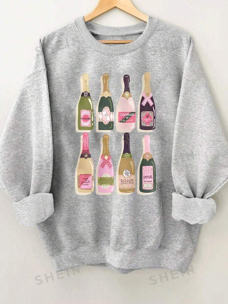 INAWLY Champagne Print Pattern Women Casual Round Neck Sweatshirt, Autumn/Winter, Holiday Top | SHEIN