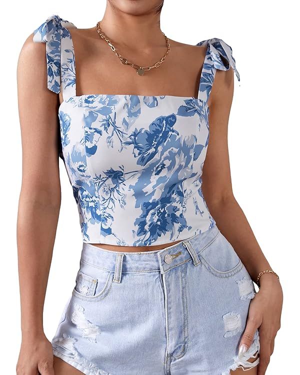 WDIRARA Women's Floral Print Tie Shoulder Square Neck Sleeveless Crop Top Blouse | Amazon (US)