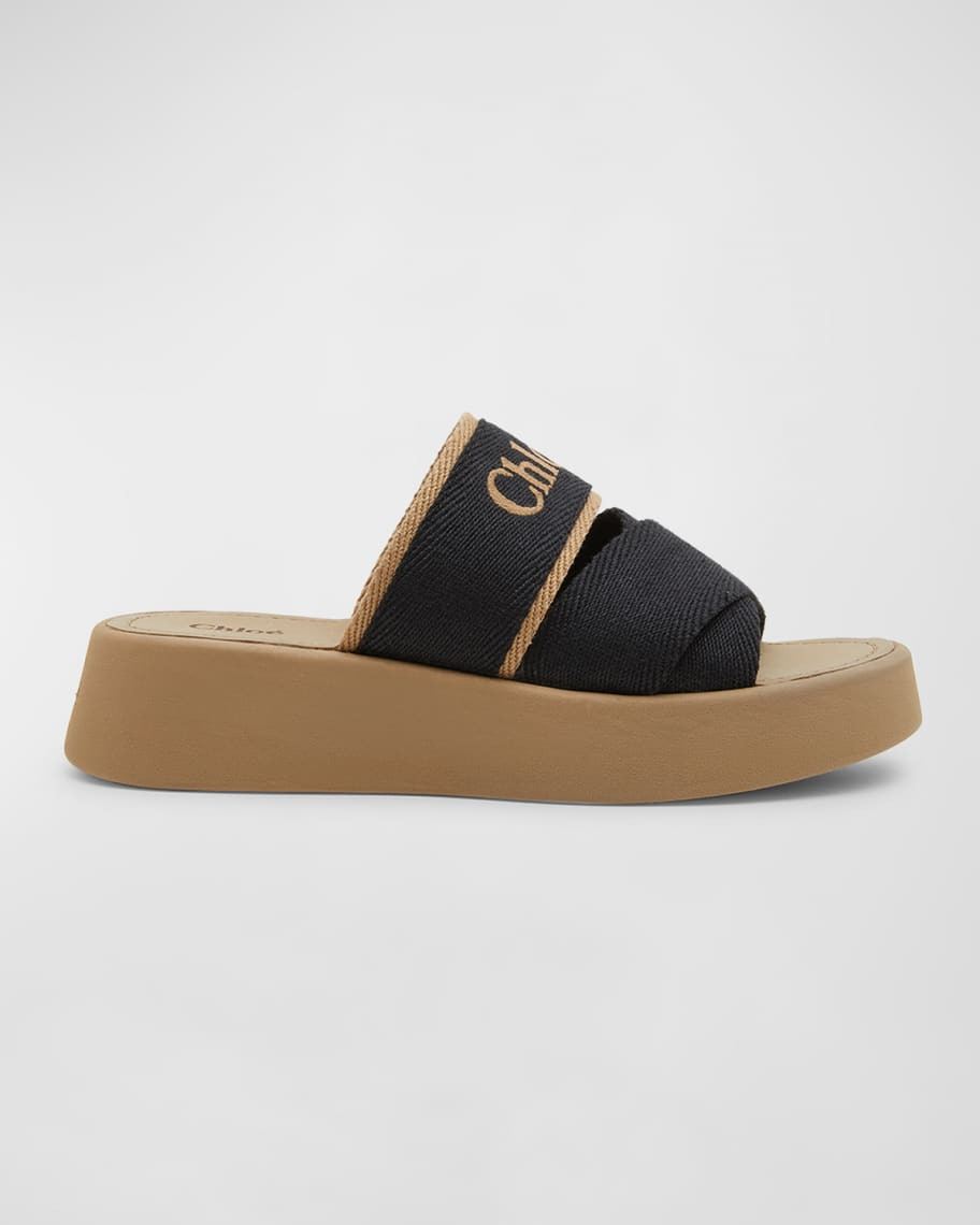 Chloe Mila Linen Logo Slide Sandals | Neiman Marcus