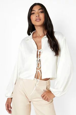 Tall Satin Tie Front Blouson Sleeve Shirt | Boohoo.com (US & CA)