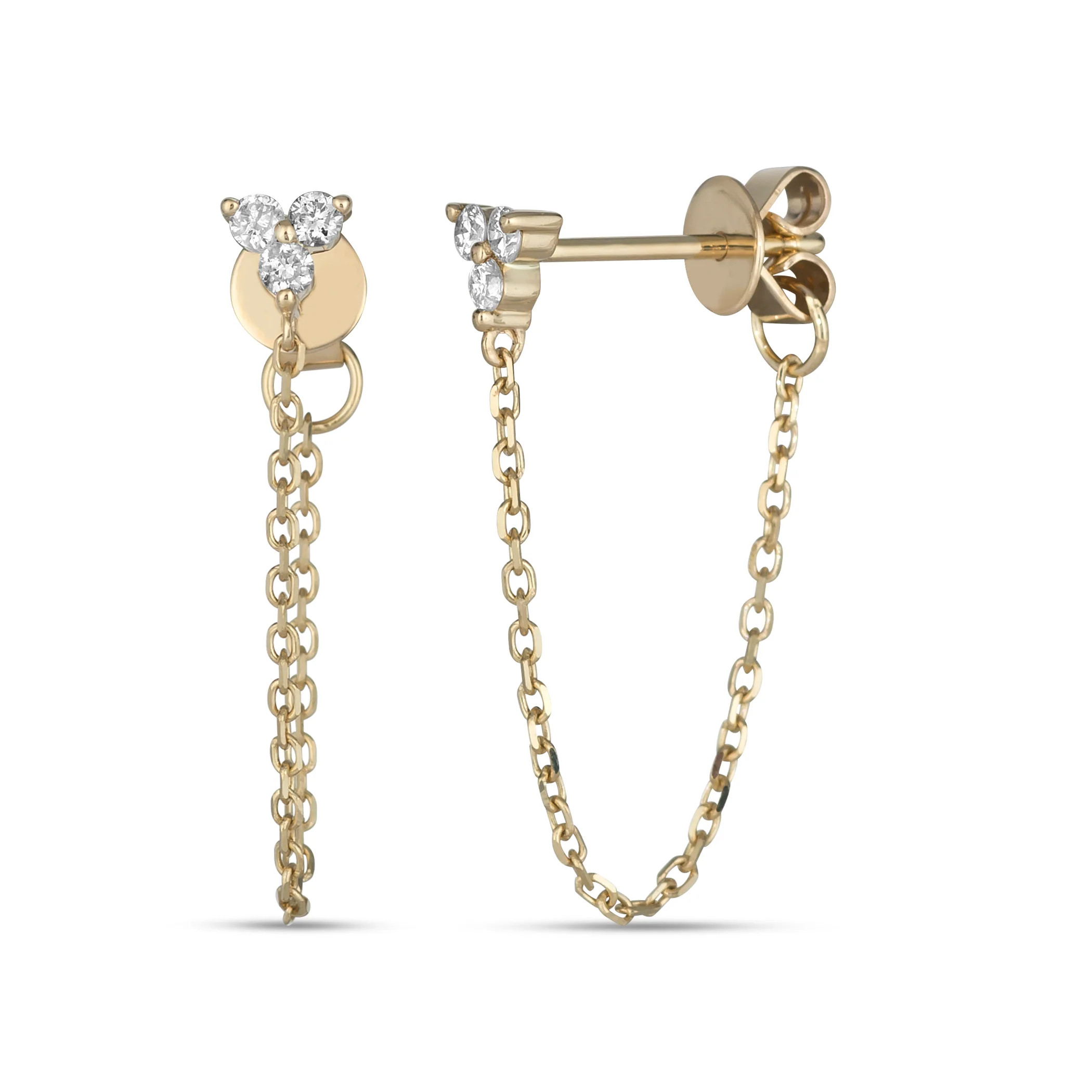 14K Diamond 3 Stone Studs with Chain | Dainty by DK