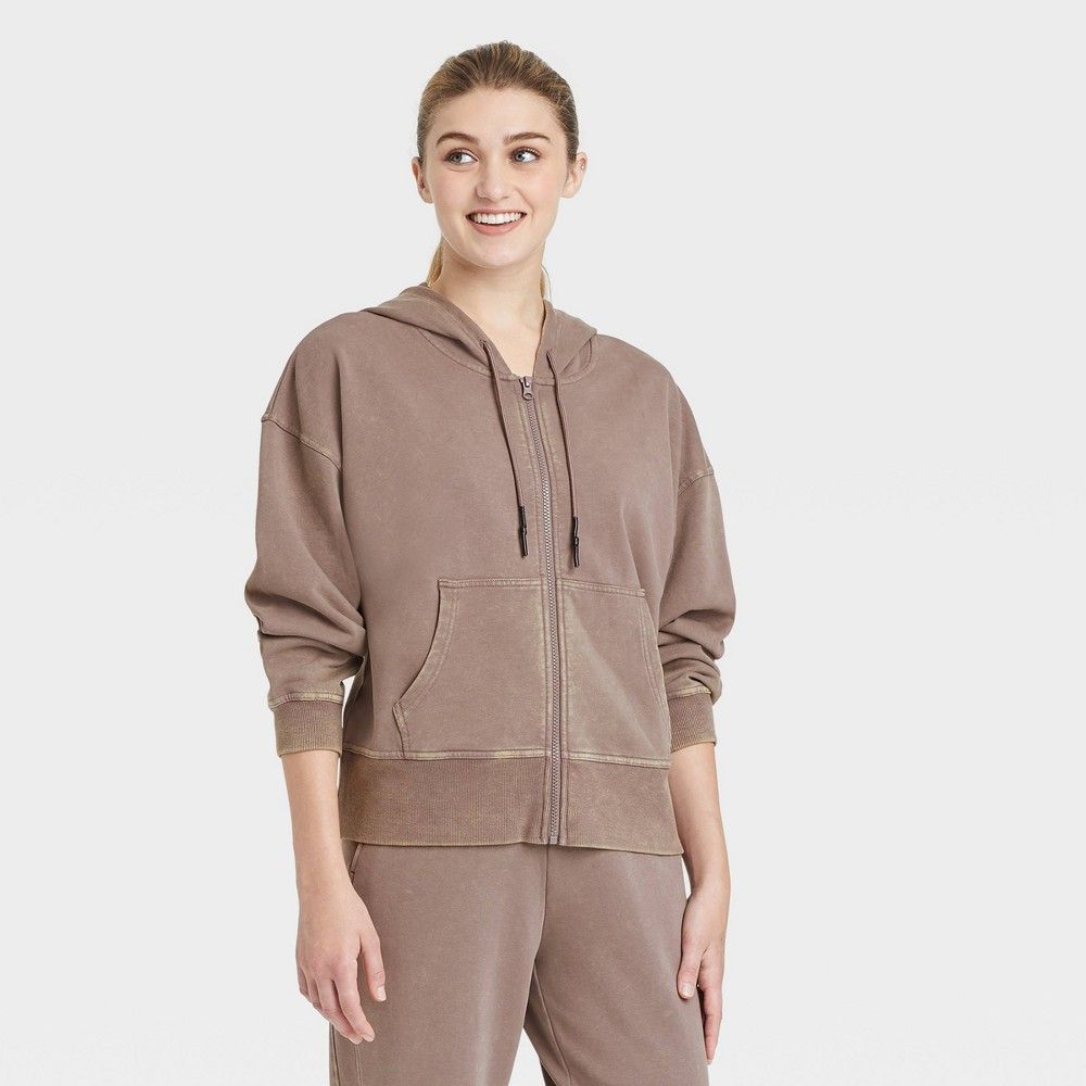 Women's Full Zip French Terry Acid Wash Hooded Sweatshirt - JoyLab Pewter S, Gray | Target