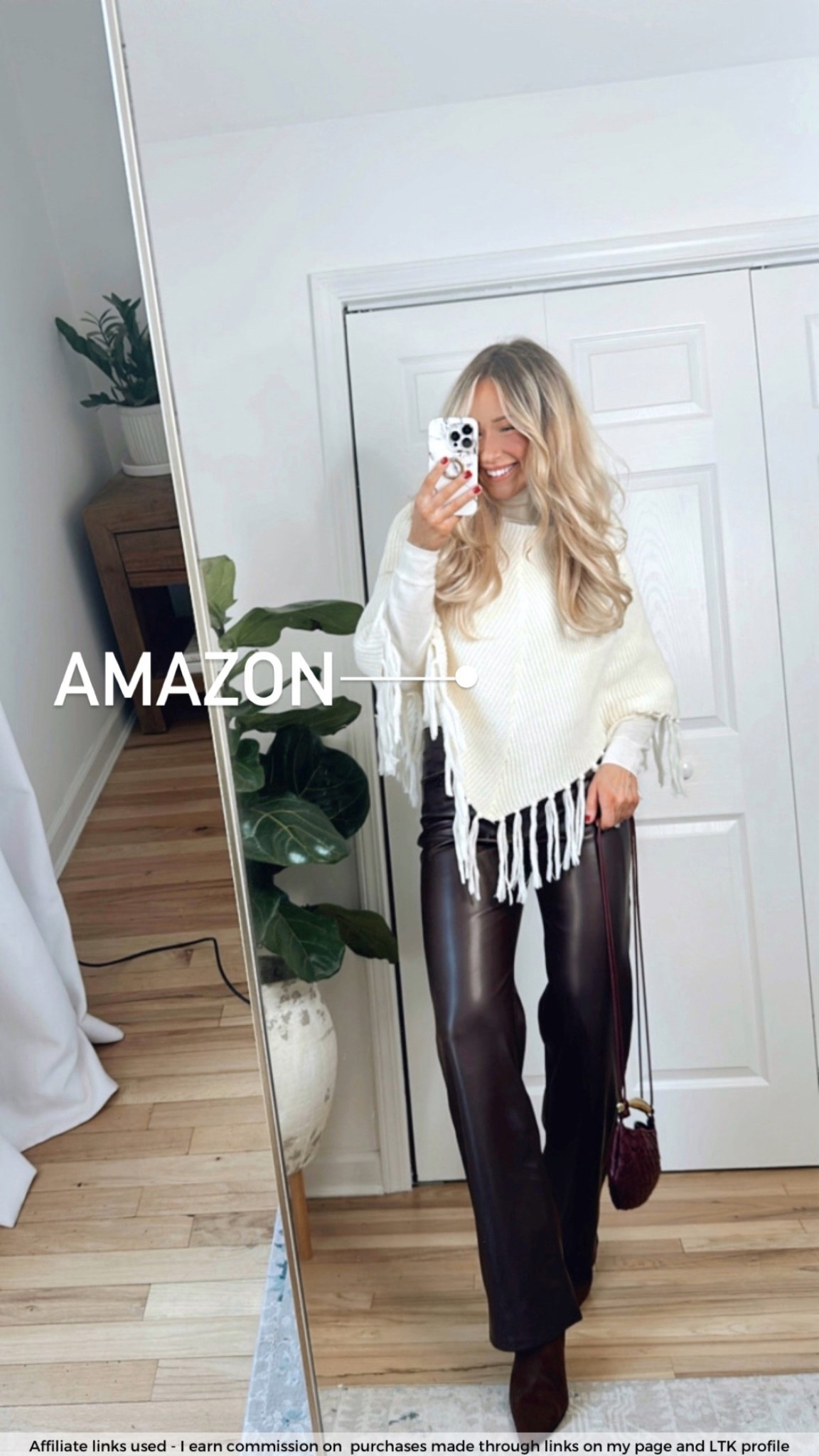 Amazon sweater with fringe details 

Brown faux leather pants
Chic winter fashion
