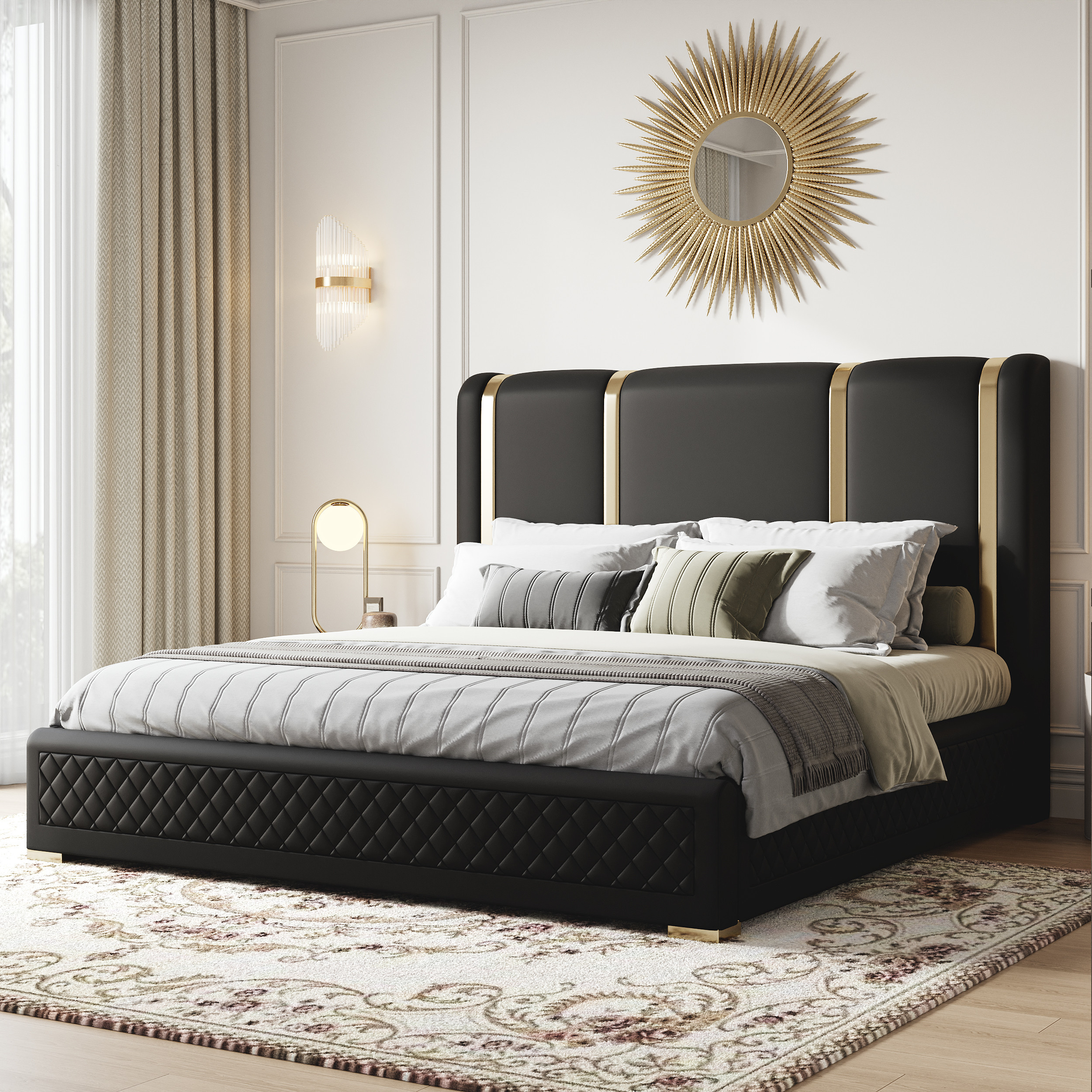Modern Black Upholstered King Bed Polished Gold and Faux Leather Headboard Included | Homary