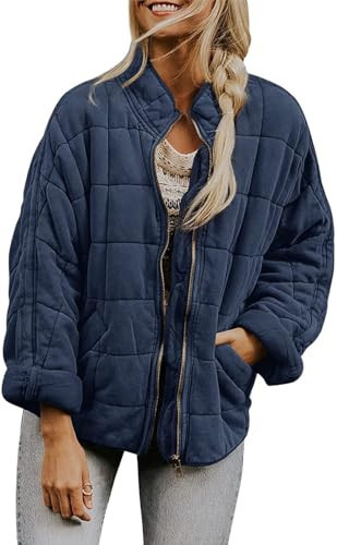 HOTYD Womens Quilted Jacket Lightweight Long Sleeve Stand Collar Loose Zip Up Jackets for Women Trendy Casual Puffer Jacket with Pockets Womens Fall Clothes Warm Winter Coats for Women Navy Blue L | Amazon (US)