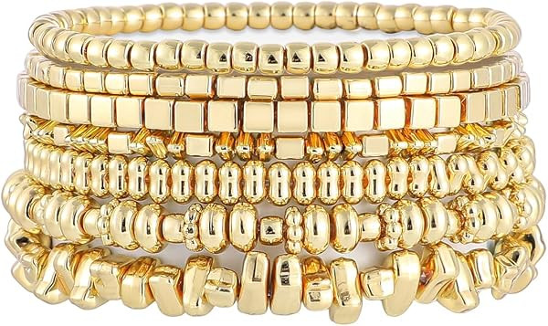 Gold Plated Beaded Bracelets for Women Trendy, 14K Gold Plated Stack Cross Pearl Bead Stretch Bra... | Amazon (US)