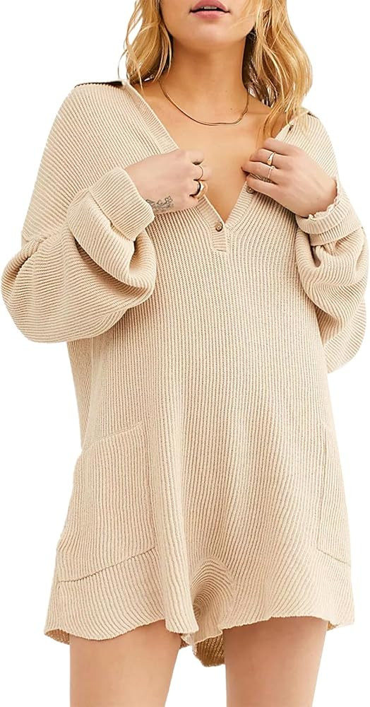 Yuemengxuan Women Knit Buttons Jumpsuit Casual Rompers Loose Long Sleeve Lapel Neck Tops and High... | Amazon (US)