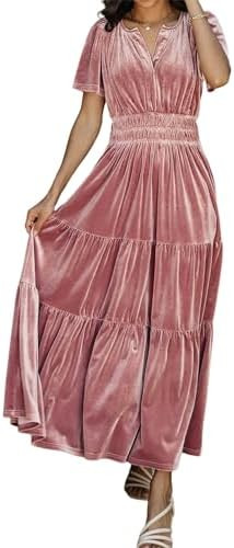 R.Vivimos Women's Fall Winter Vintage Velvet Dress Short Sleeve V Neck Elastic Waist Tiered Ruffl... | Amazon (US)