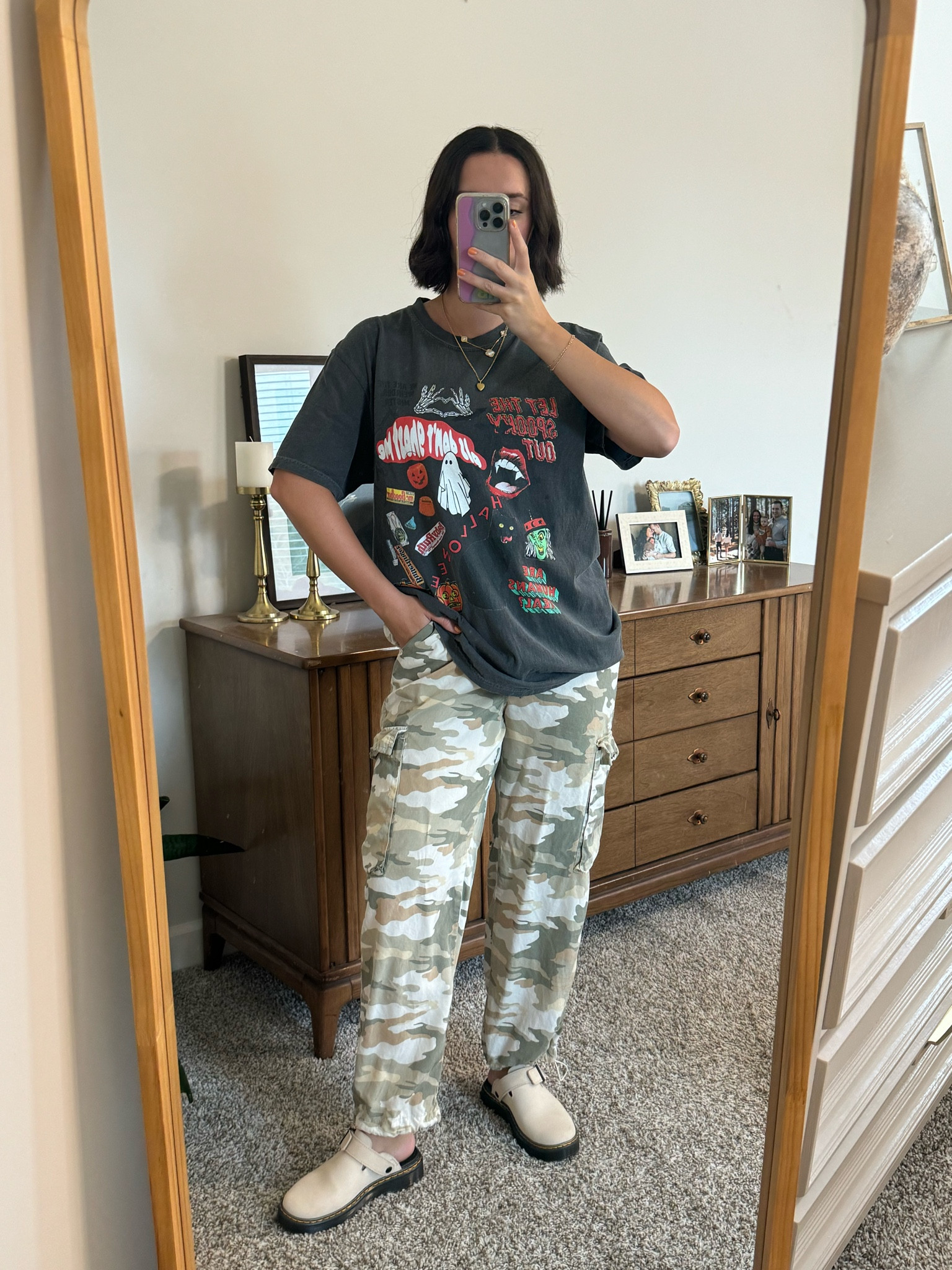 SHOP KRISTIN JONES HALLOWEEN TEE OUTFIT INSPO WITH CAMO PANTS, DR MARTEN SUEDE SLING BACK MULE CLOGS- wearing a large in the tee! 🫶🏼 

#LTKSeasonal