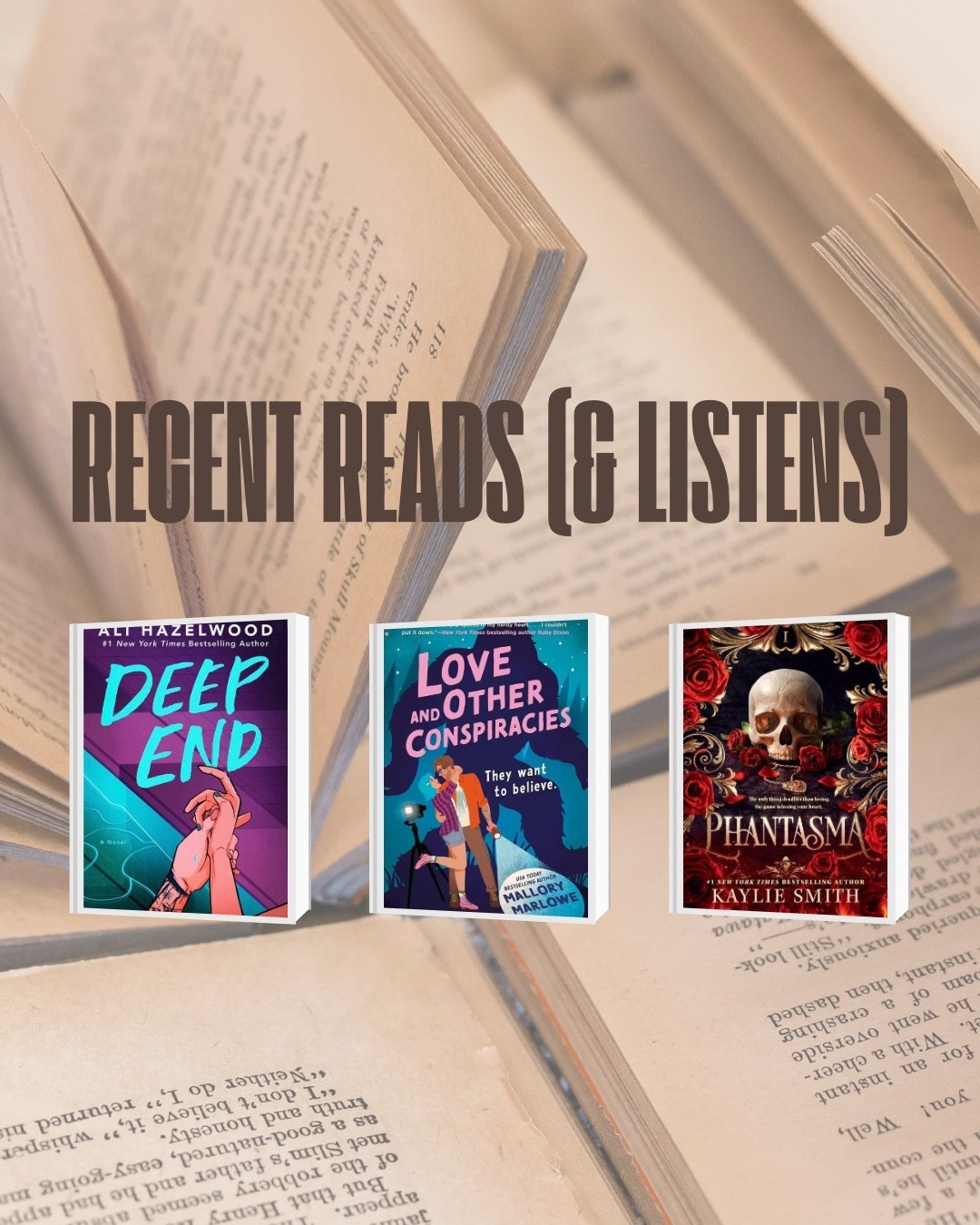I am in my audiobook era and let me tell ya, it is a game changer!!

Deep End — Super spicy. Power dynamic kinks. Overcoming mental blocks. Learning to trust yourself. College athletes.

Love & Other Conspiracies — Charming and funny. Some spice but MILD compared to Deep End. Mythbusting, ghost hunting, and conspiracy themes. Alt girl + hot nerdy boy. 

Phantasma — Stepping into your own power. Horror adjacent (lots of monsters and described gore). Love interest is like a hot Danny Phantom. 

#LTKHoliday #LTKTravel #LTKGiftGuide