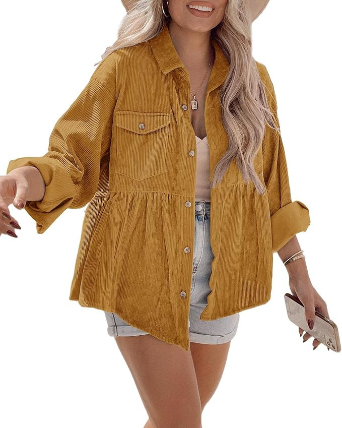 Tutorutor Womens Corduroy Shirts Casual Long Sleeve Button Down Blouses Tunic Babydoll Dress Loos... | Amazon (US)