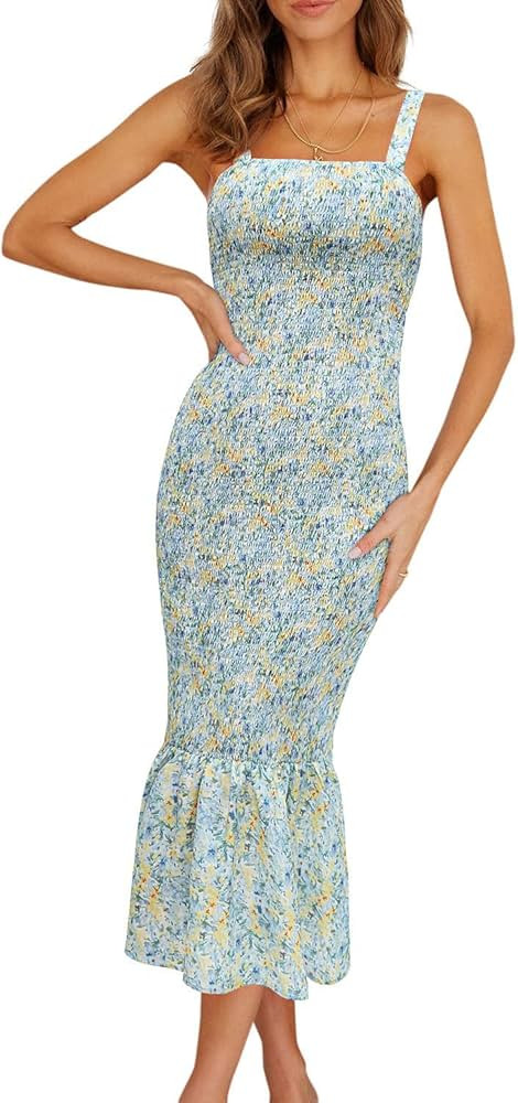PRETTYGARDEN Women's Summer Floral Midi Tank Dress Sleeveless Strappy Ruffle Hem Smocked Bodycon ... | Amazon (US)