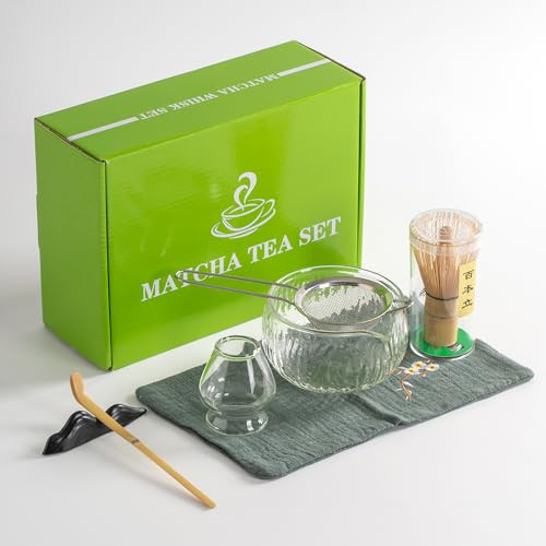 DWEHIXBUY Japanese Tea Set (7pcs) Matcha Whisk Set Matcha Bowl with Pouring Spout Bamboo Matcha Whisk (chasen) Scoop (chashaku) Matcha Whisk Holder Tea Making Kit. WHITE GLASS | Amazon (US)