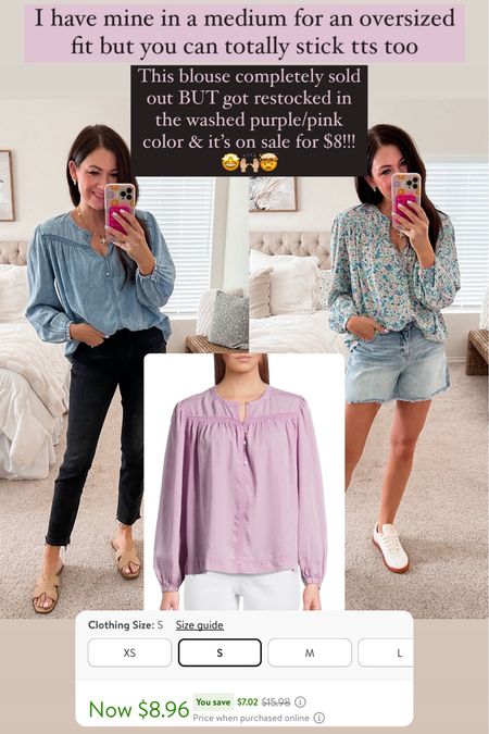 Walmart blouse RESTOCKED in purple & on sale for $8!!!— the color would be so pretty for spring! 
Walmart blouse in two colors!
Wearing a medium in both for a blouse fit—runs tts // buttons all work!
Walmart denim shorts—I sized up one
Gap jeans-run tts, wearing a 27 regular 

#LTKSeasonal #LTKstyletip #LTKsalealert