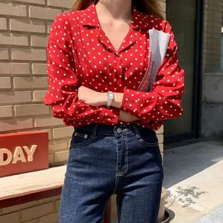 Long-Sleeve Polka-Dot Blouse | YesStyle Global