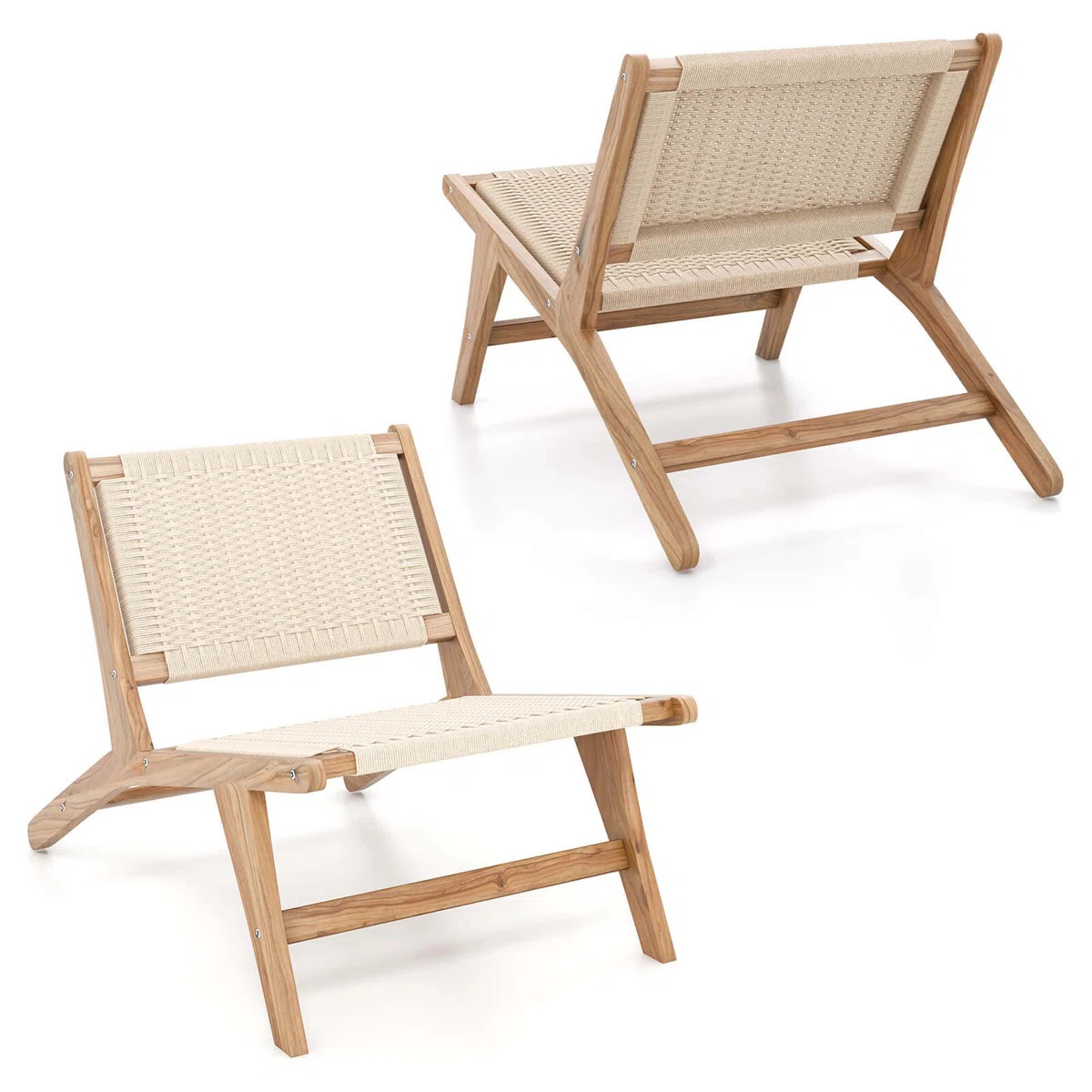 Bay Isle Home™ 2 Pcs Teak Wooden Chair With Braided Rope Seat & Backrest Mid Century Modern | Wayfair North America