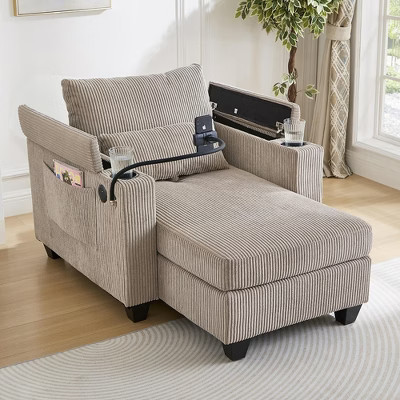 37.4'' Corduroy Convertible Chaise Lounge Chair with USB Ports, Two Cup Holders, Phone Holder and Hidden Storage Compartments | Target