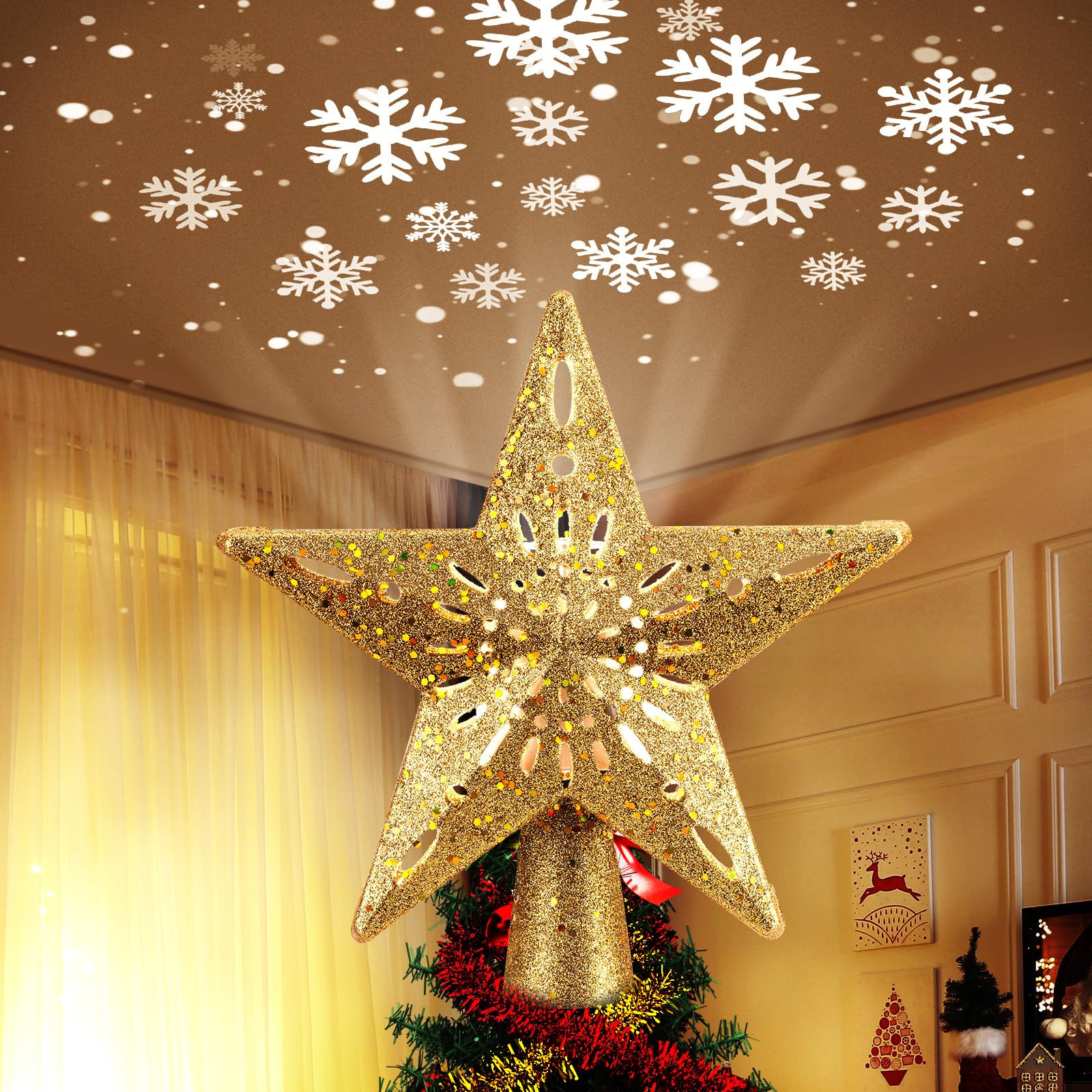 Christmas Star Tree Topper with Built-in Led Snowflake Projector Lights Hollowed Pentagram Tree T... | Amazon (US)