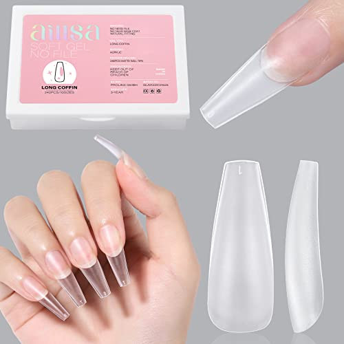 AILLSA Long Coffin Nail Tips - Upgraded Matte Soft Full Cover Gel Nails Tips No Filed, 240Pcs Pre-shaped Gelly Tips Acrylic Clear Fake Press On Nail Tip for Soak Off Nail Extension 10 Sizes | Amazon (US)