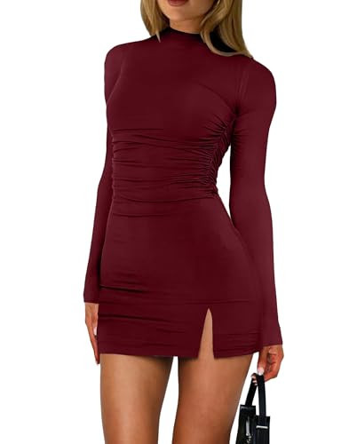 HYPERFIRE Women's Long Sleeve Mock Neck Ruched Bodycon Dress Cocktail Party Club Mini Dresses Going Out Wine Red Medium | Amazon (US)