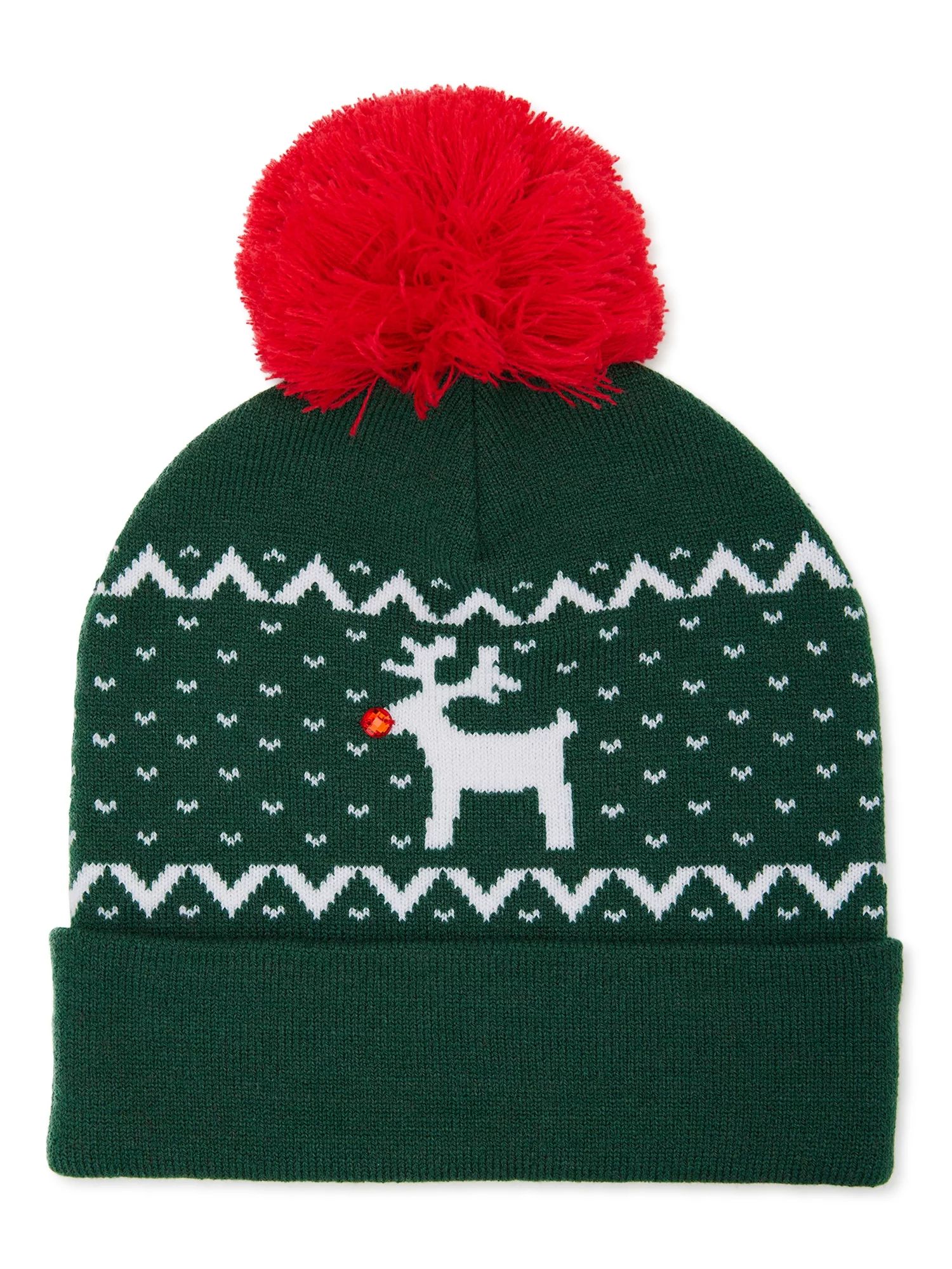 Holiday Time Women's Fair Isle Reindeer Pom Pom Beanie Hat Green | Walmart (US)
