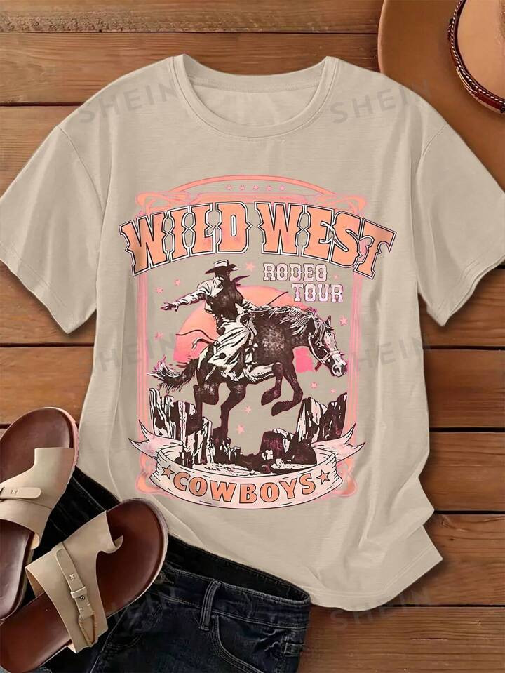 SHEIN LUNE Letter Print Round Neck T-Shirt Women Summer Western Style T-Shirt | SHEIN