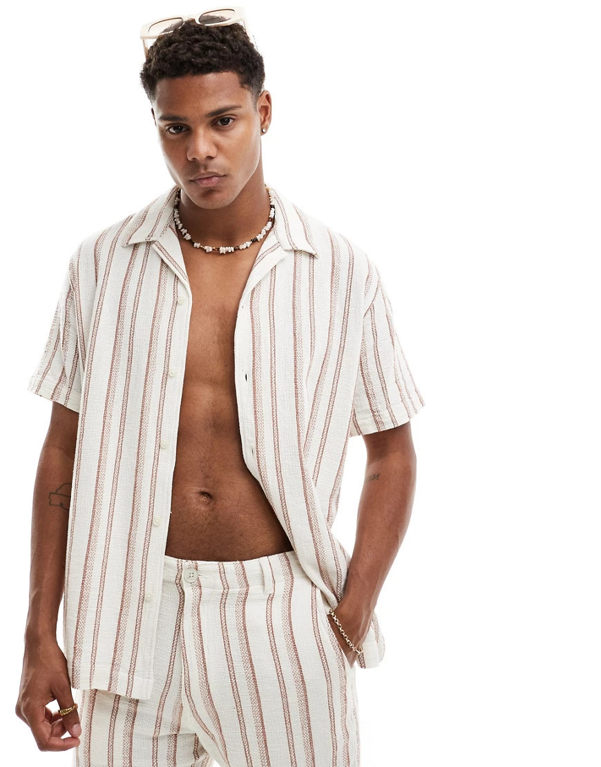 Selected Homme co-ord oversized revere collar textured shirt in off white stripe | ASOS (Global)
