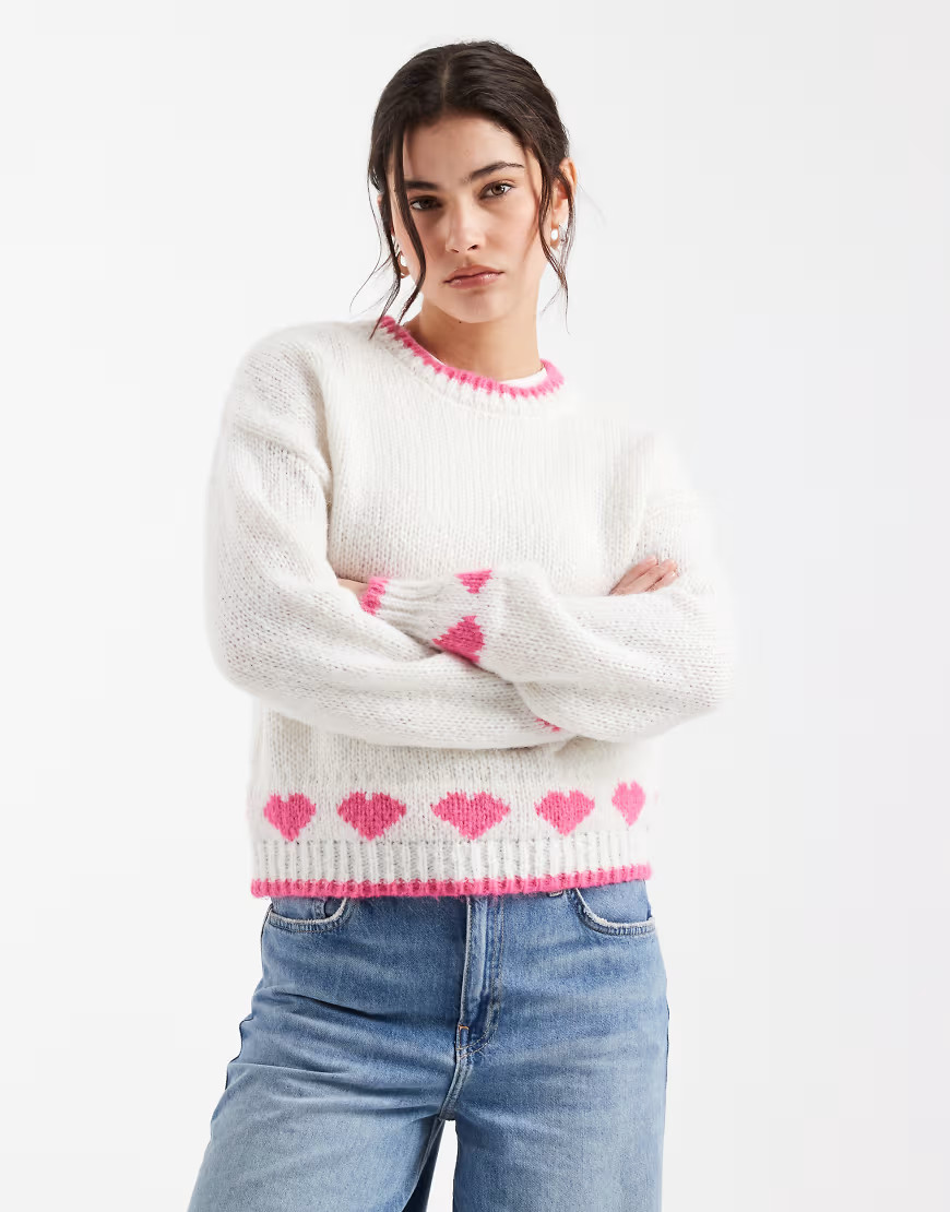 Pieces pink love heart print sweater in white | ASOS (Global)