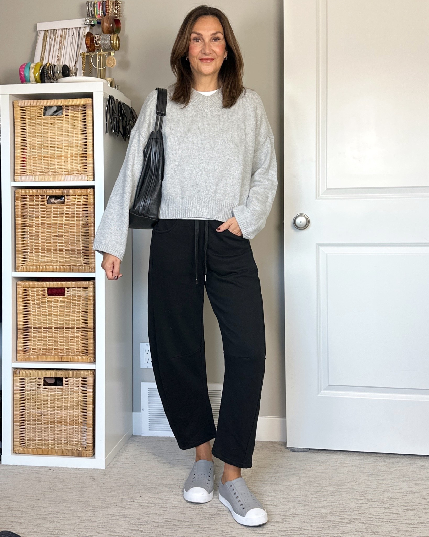 Comfy & casual outfit for a hair appointment! My barrel sweatpants are so comfy but look more elevated than traditional sweatpants. I’m 5’ 7” wearing my usual size S. 
Also wearing S in my fave white tee and grey v neck sweater (sold out but I linked similar)
Native shoes also fit tts and are really comfortable. 
Bag is old but I’ll link the suede bag I almost chose and the other sweater and denim shirt I debated wearing. 

#LTKOver40 #LTKStyleTip #LTKShoeCrush