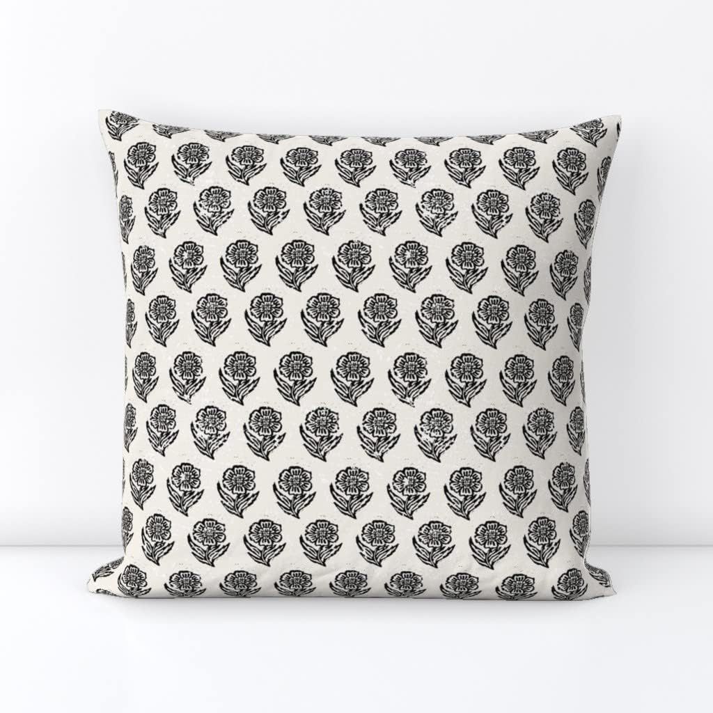 Spoonflower Square Throw Pillow, 18", Linen Cotton Canvas - Macha Flower Black White Floral Textu... | Amazon (US)