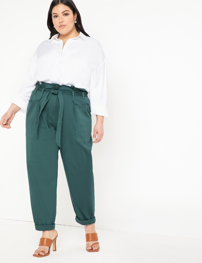 Cinched Waist Pant with Roll Cuff - Bistro Green | Eloquii
