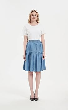 Tronjori Womens A Line Lightweight Tencel Denim Tiered Short Skirt Knee Length | Amazon (US)