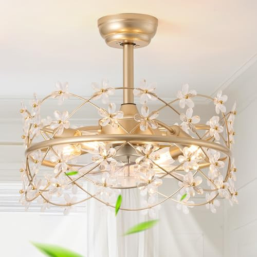 youngrender 20 Inch Gold Caged Ceiling Fan with Light, Flower Chandelier Ceiling Fan with Lights Remote Control, Frower Crystal Fandelier 6 Speeds for Girl's Bedroom, Living Room | Amazon (US)
