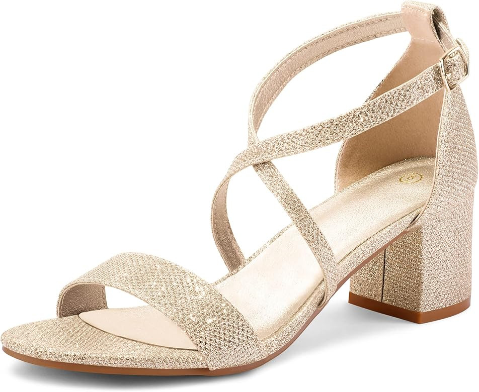 mysoft Women's 2.25 Inch Low Chunky Heels Dress Pump Open Toe Cross Ankle Strap Wedding Block Heeled | Amazon (US)