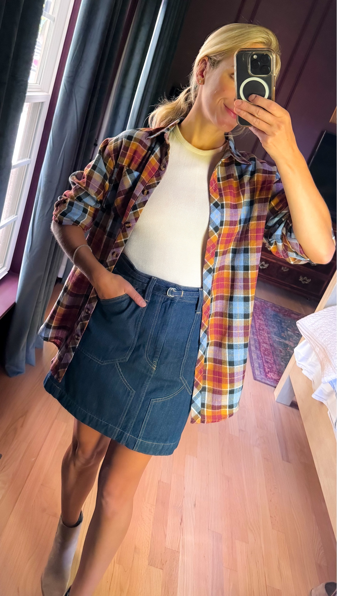 Amazon fall outfit plaid shirt button down jean skirt denim skirt casual outfit nuuds rib top tshirt boots booties#LTKFallSale

#LTKFindsUnder100 #LTKFindsUnder50